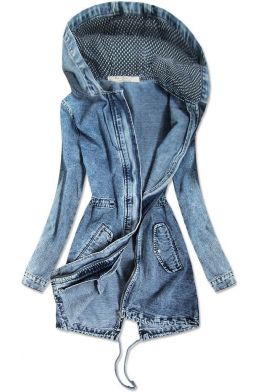 Dlouhá dámská jeansová bunda s kapucí MODA122