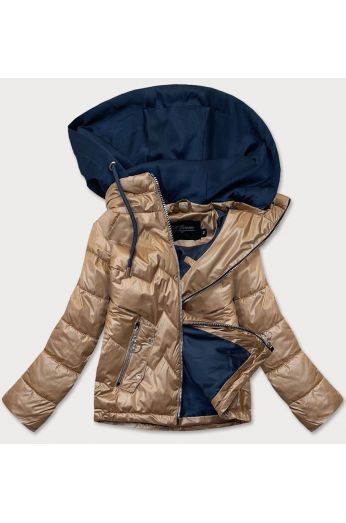 Dámská jarní bunda s kapucí MODA003 karamelovo-modrá