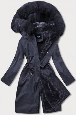 Teplá dámská kožešinová zimní bunda MODA537 tmavěmodrá