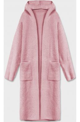 Dlouhý vlněný kabát alpaka s kapucí MODA105 růžový